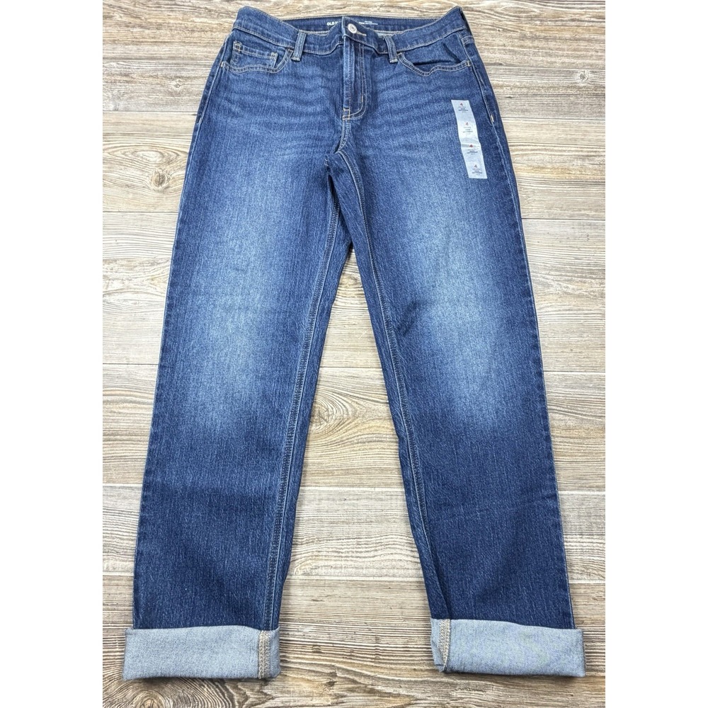 NEW Old Navy Jeans Womens 4 Blue Mid Rise Wow Boyfriend Med Wash Stretch Cuff